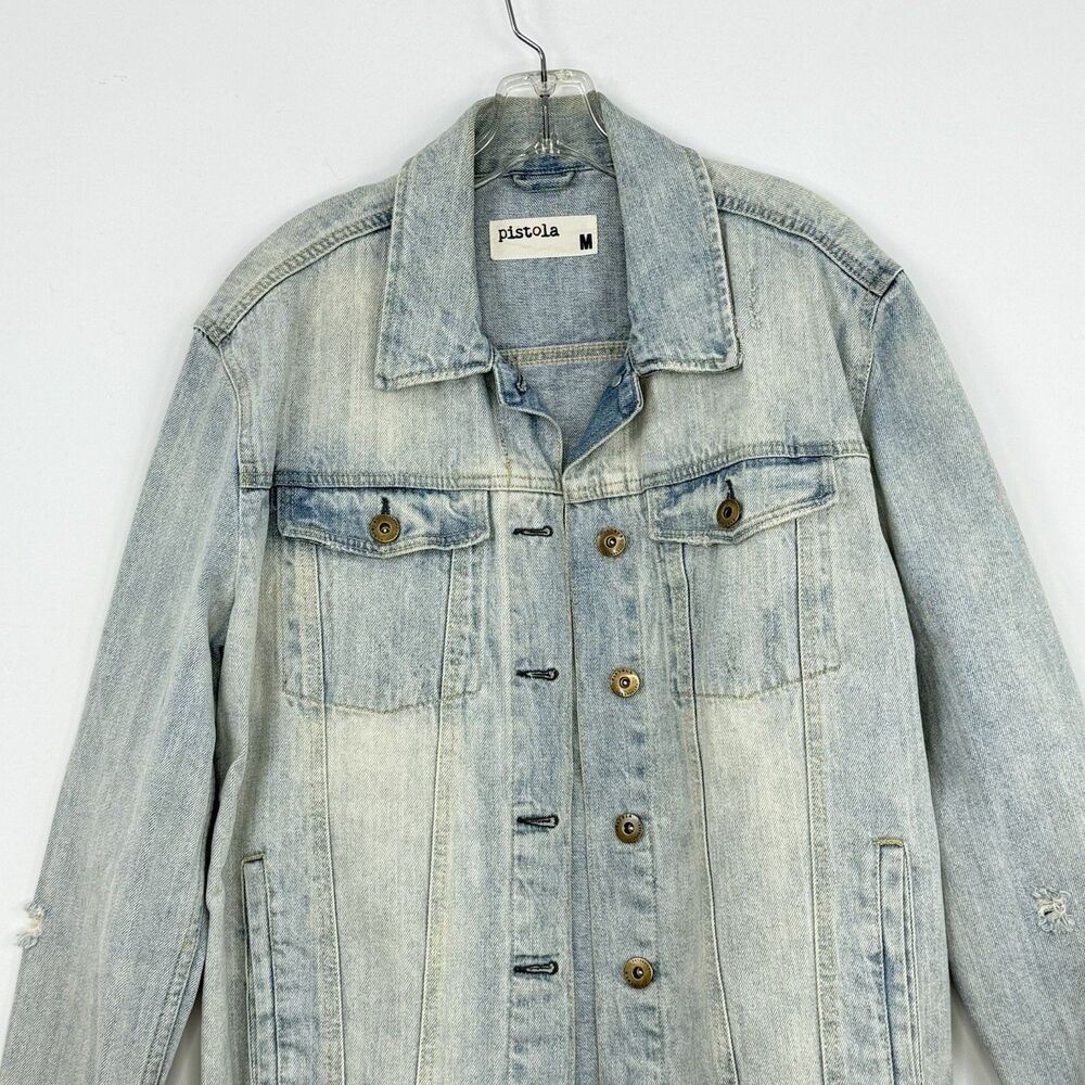 Pistola Cropped Denim Long Sleeve Jacket Raw Hem Size Medium Blue - Picture 11 of 16